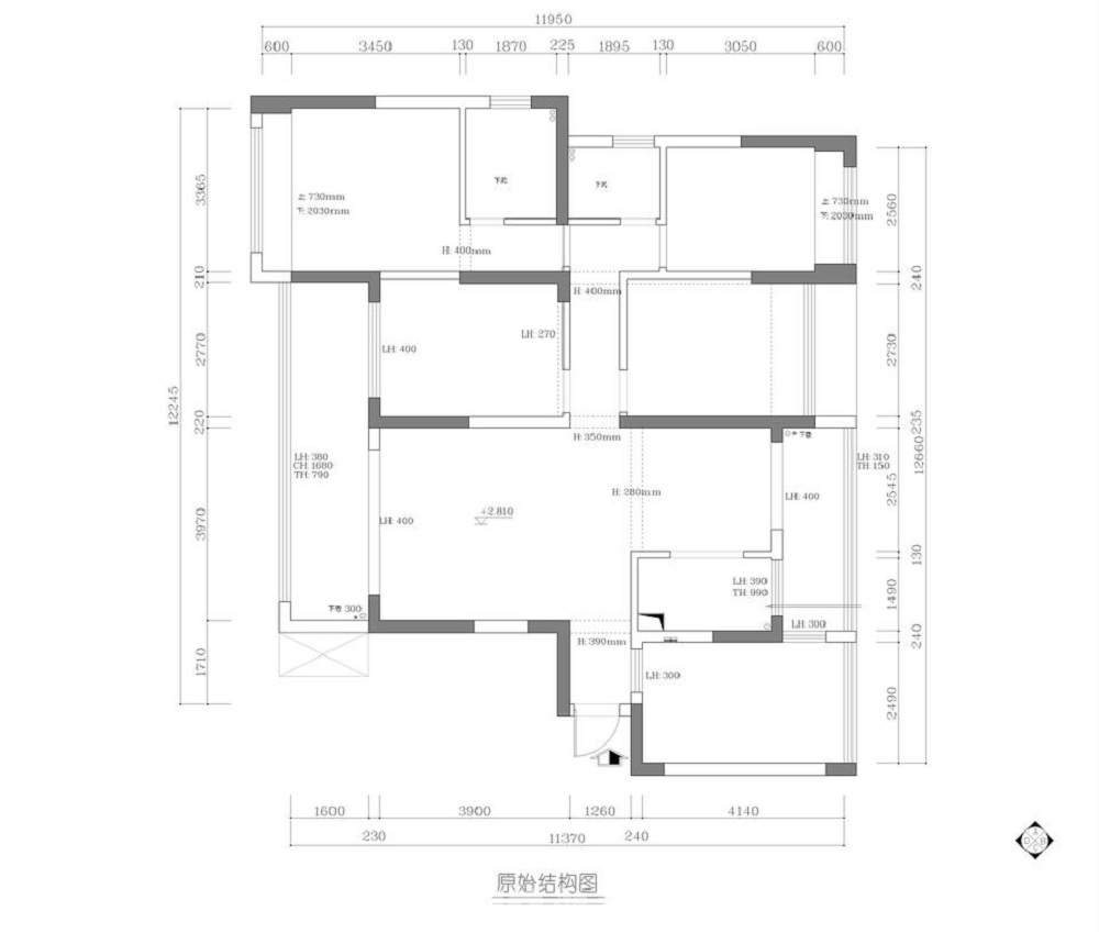 錢隆尊品120㎡輕歐簡美三居室 樱桃视频黄色下载案例效果圖-原始戶型圖